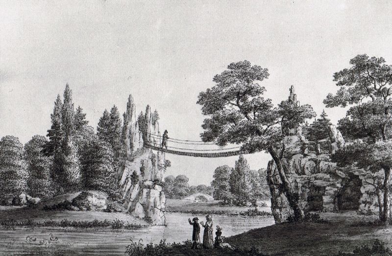 Vorträge in Stralsund: Kettenbrücke im Park Wörlitz, Radierung von Johann Friedrich Nagel